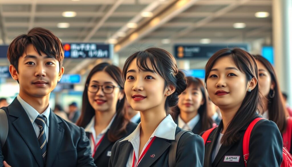 A bustling airport terminal, where a group of young, professional-looking Japanese individuals stand, dressed in formal attire. They exude an air of confidence and purpose, their gazes focused on the path ahead. The lighting is warm and natural, casting a soft glow on their faces, hinting at the possibilities that lie in their future career journeys as travel attendants. The scene captures the dynamic and promising nature of the "添乗員のキャリアパス," showcasing the diverse opportunities and growth potential within this fascinating profession.
