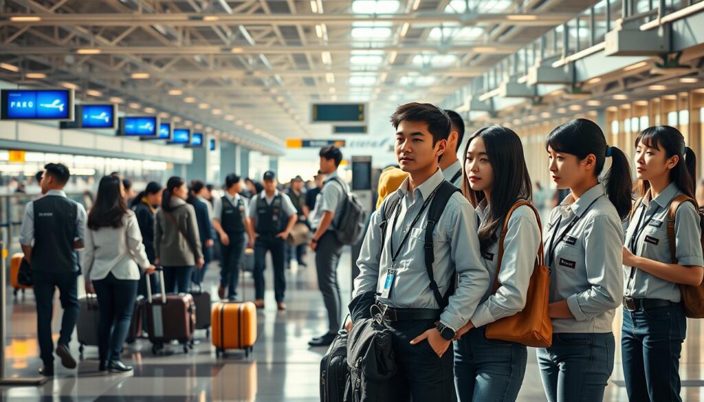 A bustling airport terminal, where two distinct groups stand in contrast. On the left, a team of well-coordinated ground staff in crisp uniforms, efficiently handling luggage and guiding passengers. On the right, a group of young, attentive professionals in casual attire, meticulously overseeing the logistics of a cargo company. The scene is bathed in warm, natural lighting, capturing the energy and diligence of both workforces. The models, all young Japanese individuals with dark hair, convey a sense of professionalism and dedication as they go about their respective duties. The viewer is invited to observe the nuanced differences between the roles and responsibilities of the handling company and the airline, setting the stage for a deeper exploration of the contrasting yet complementary nature of these essential aviation professions.