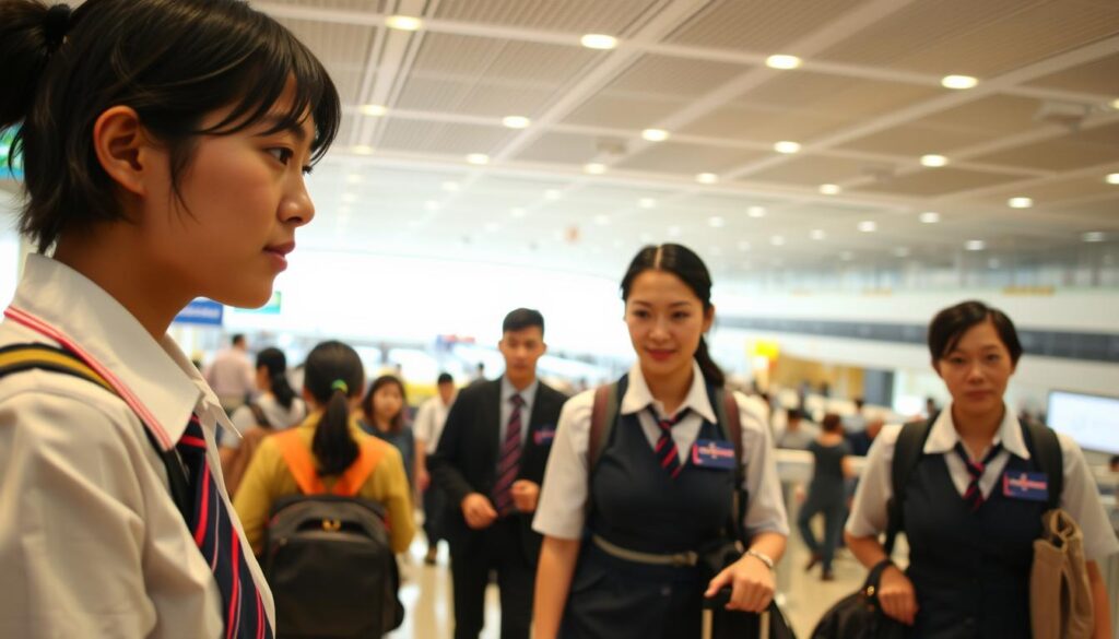 A bustling airport terminal, with a group of uniformed airport staff navigating through the crowds. In the foreground, a young Japanese-looking attendant, their dark hair neatly styled, assists a passenger with their luggage. The middle ground features several attendants coordinating with one another, their expressions focused yet professional. In the background, a panoramic view of the terminal, with travelers milling about, backlit by the warm glow of the overhead lighting. The scene conveys a sense of efficiency and attentive service, capturing the essence of the attendant's working environment and responsibilities.
