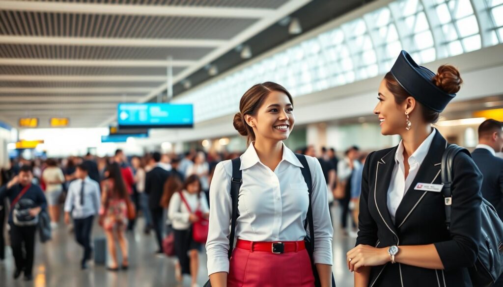 A bustling airport terminal with a striking contrast between the sleek, modern aesthetics of an international airline and the more traditional design of a domestic carrier. In the foreground, two young, professional-looking flight attendants, one representing each company, engage in a friendly conversation, showcasing the differences in their uniforms, demeanor, and approach to customer service. The background is filled with a diverse array of passengers, creating a vibrant and dynamic scene. The lighting is natural and soft, capturing the energy and hustle of the airport environment. The camera angle is slightly elevated, providing a comprehensive view of the setting and the interactions between the two flight attendants.