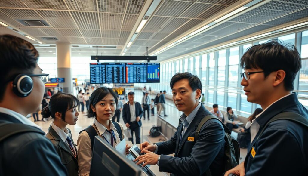 A bustling airport terminal with a team of young, professional-looking Japanese dispatchers in the foreground. They are gathered around a large digital display, analyzing flight schedules and coordinating aircraft movements with an air of focused concentration. The middle ground features airport staff and travelers bustling about, while the background showcases the iconic architecture and scenery of a modern international airport. The lighting is bright and natural, with a sense of efficiency and productivity pervading the scene. The mood is one of active, high-stakes decision-making and a commitment to the smooth operation of the airline's operations.