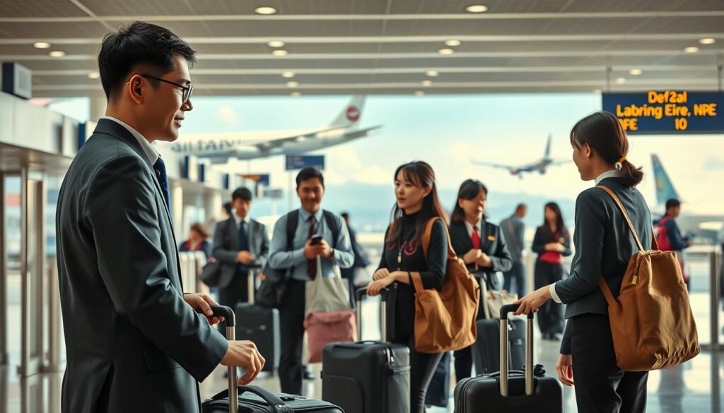 A bustling airport terminal, with a team of young, professional-looking Japanese ground staff efficiently handling a variety of tasks. In the foreground, a staff member greets and assists a passenger with their luggage, their polite demeanor and attentive body language conveying excellent customer service. In the middle ground, other staff members are seen checking in passengers, directing traffic, and coordinating ground operations, all captured in a realistic, documentary-style lighting and perspective. The background showcases the dynamic atmosphere of the airport, with planes taking off and landing, and the overall scene radiates a sense of organized chaos and diligent professionalism.