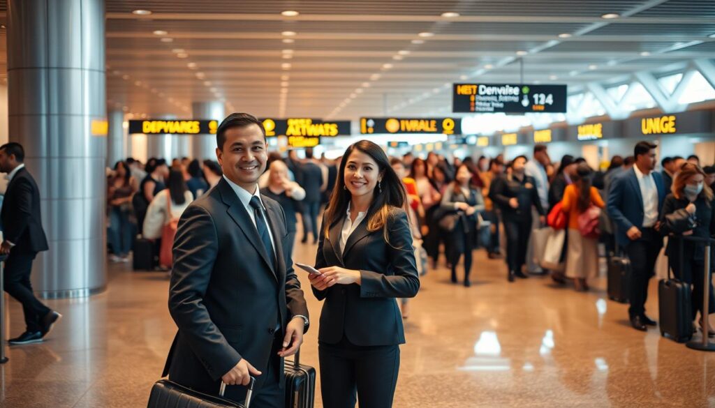 A bustling airport terminal, with a well-dressed concierge team providing attentive service to a diverse crowd of travelers. Warm lighting casts a soft glow, highlighting the professionals' polished uniforms and welcoming expressions. In the background, a sleek, modern departure lounge with carefully curated signage and digital displays, conveying efficiency and organization. The scene exudes a sense of professionalism, adaptability, and a commitment to creating a seamless passenger experience - the hallmarks of a skilled, dedicated airport steward team.