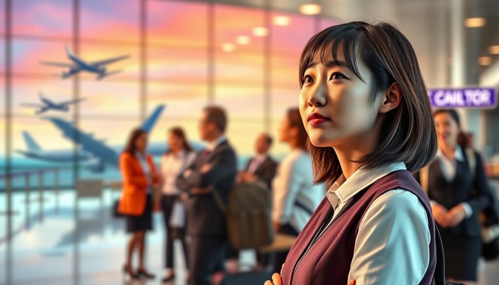 A bustling airport terminal, with a well-dressed young Japanese woman in the foreground, representing a flight attendant. She stands confidently, her gaze directed towards the horizon, symbolizing her aspirations and career progression. In the middle ground, a group of flight attendants engage in discussions, hinting at the collaborative nature of the profession. The background features aircraft silhouettes and a vibrant sky, conveying the dynamic, global nature of the industry. The scene is bathed in warm, natural lighting, creating a sense of professionalism and optimism. The overall composition suggests a clear career path, from entry-level to leadership roles, within the exciting world of aviation.