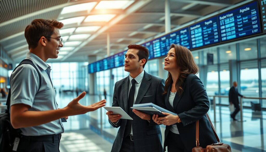 A bustling airport terminal with sleek modern architecture, floor-to-ceiling windows offering panoramic views of the tarmac. In the foreground, two professionals - one in a crisp airline uniform, the other in a smart business suit - engaged in a discussion, their expressions conveying the nuances of their respective roles. The airline representative, youthful and attentive, gestures animatedly, while the airport executive listens intently, notepad in hand. Overhead, digital displays showcase flight information, underscoring the dynamic interplay between the airline and airport operations. Subtle lighting casts a warm, professional glow, capturing the essence of this complex, interdependent relationship.