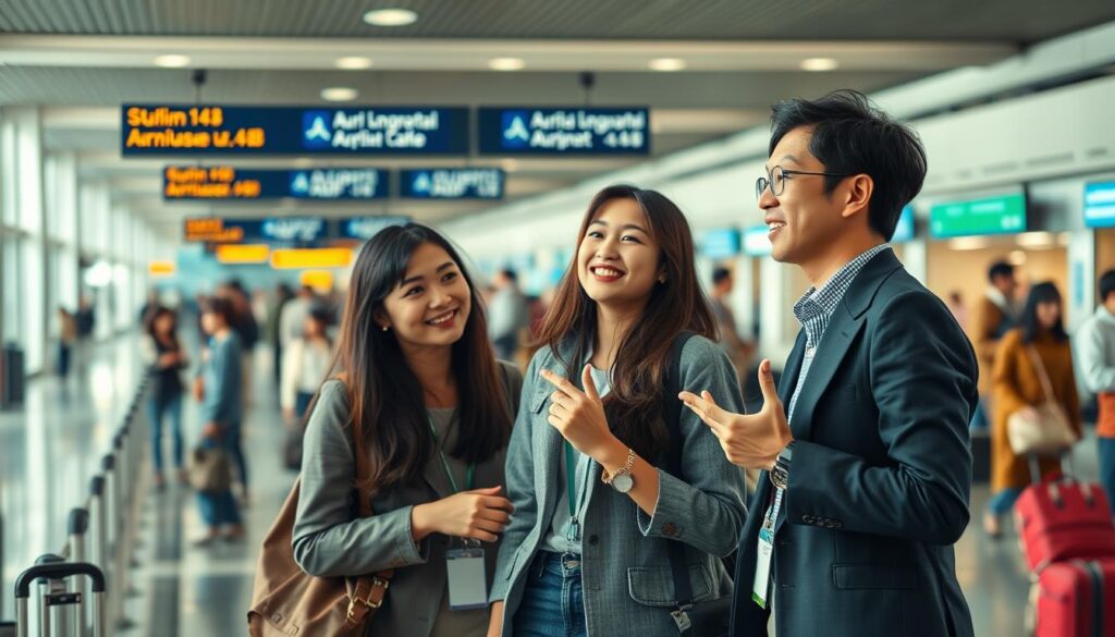 A bustling airport terminal, with travelers from diverse backgrounds navigating through the arrivals and departures halls. In the foreground, a group of young, professional-looking individuals with a Japanese aesthetic stand together, engaged in lively conversation. Their attentive expressions and hand gestures suggest they are discussing matters related to the aviation industry. The lighting is natural, with soft shadows and a warm, inviting ambiance. The background is filled with the hustle and bustle of the airport, creating a sense of a dynamic, multilingual environment. The overall scene conveys the importance of language skills for aviation professionals in this international setting.