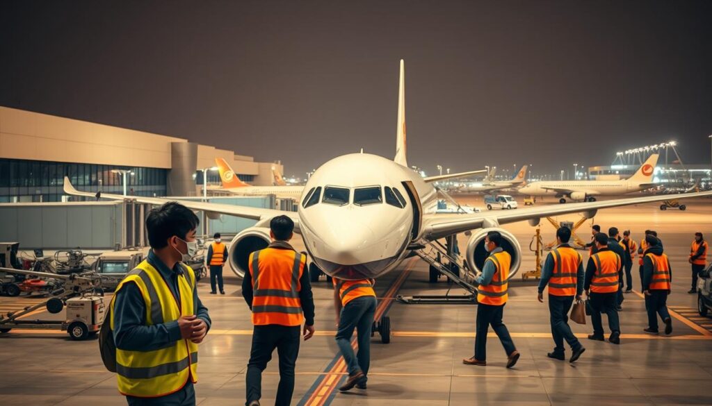 A bustling airport work environment at Marshaller Airport, with a team of young, Japanese-looking workers efficiently guiding aircraft in and out of the gates. The scene is captured in a realistic, high-definition photographic style, bathed in warm, diffused lighting that creates a sense of energy and focus. In the foreground, workers in bright safety vests expertly maneuver the aircraft, while in the middle ground, ground crew members attend to various ground operations. The background showcases the airport's modern infrastructure, including sleek terminal buildings and bustling activity on the tarmac. The overall atmosphere conveys the organized, fast-paced nature of the marshaller's job, highlighting the skilled coordination and teamwork required in this crucial aviation role.