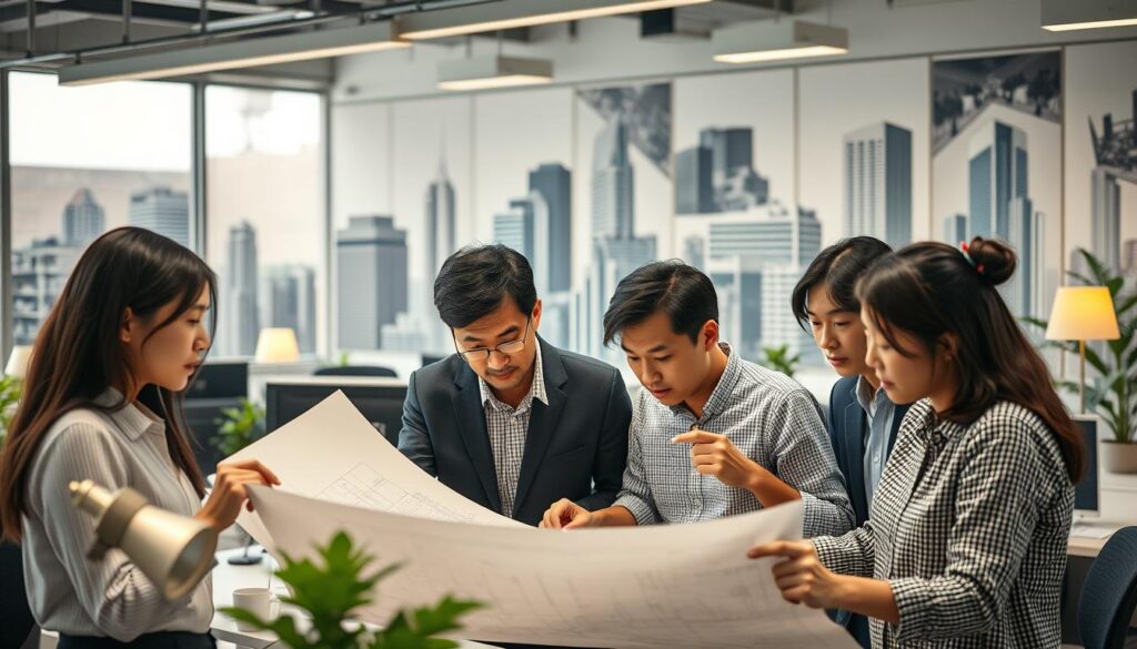 A bustling architectural firm, where young Japanese professionals navigate the intricate path to success. In the foreground, a group of architects collaborate intently, their expressions focused as they review blueprints under soft, natural lighting. In the middle ground, a senior architect mentors a junior, guiding them through the complexities of project management. The background showcases the firm's impressive portfolio, showcasing a range of architectural styles and accomplishments. The mood is one of diligence, determination, and the excitement of a dynamic career trajectory. Subtle, ambient details like desk lamps and potted plants lend a sense of authenticity to the scene.