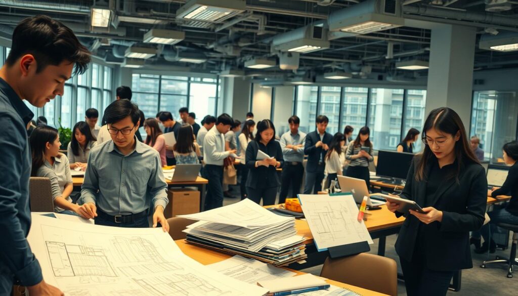 A bustling architectural office, filled with young, Japanese-looking professionals hard at work. In the foreground, an architect reviews blueprints on a drafting table, brow furrowed in concentration. Nearby, an interior designer selects fabric swatches, while a civil engineer pores over structural calculations on a computer screen. In the middle ground, a landscape architect sketches on a tablet, while a project manager coordinates with contractors on the phone. The background reveals a diversity of disciplines - urban planners, sustainability specialists, and construction managers - all contributing to the collaborative effort of bringing a building to life. Warm, diffused lighting casts a professional, yet dynamic atmosphere, capturing the multifaceted nature of the architectural field.
