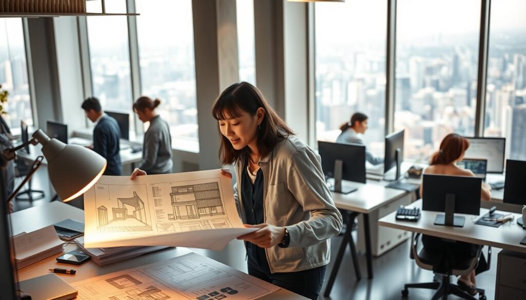 A bustling architectural office with a team of young, Japanese-looking professionals working diligently on their latest project. In the foreground, a senior architect reviews blueprints and sketches with a junior designer, their faces illuminated by the warm glow of a large desk lamp. In the middle ground, other team members collaborate at sleek, minimalist workstations, surrounded by 3D models, CAD software, and reference materials. The background showcases a panoramic view of a vibrant, modern cityscape through large windows, hinting at the scope and scale of the architects' work. The atmosphere is one of focused productivity, creative problem-solving, and the pursuit of innovative design solutions.