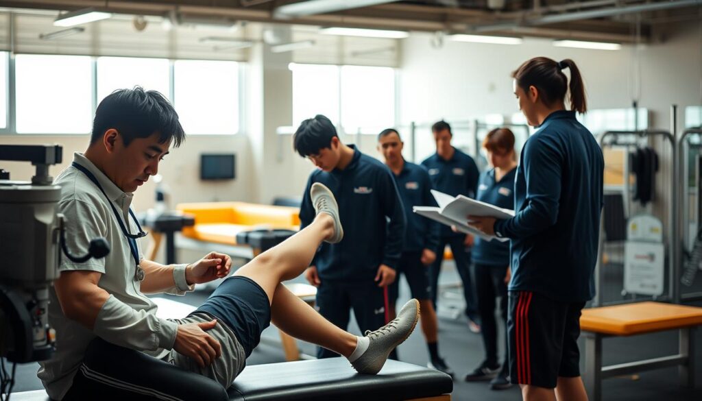 A bustling athletic training facility, bathed in warm lighting. In the foreground, a young Japanese physiotherapist carefully examines a patient's injured limb, utilizing specialized diagnostic equipment. In the middle ground, another trainer guides an athlete through a series of rehabilitation exercises, their movements captured in a dynamic, cinematic pose. In the background, a team of trainers confer over medical charts, discussing treatment plans and coordinating the day's activities. The atmosphere is one of focused professionalism, with a strong emphasis on personalized care and evidence-based practices.