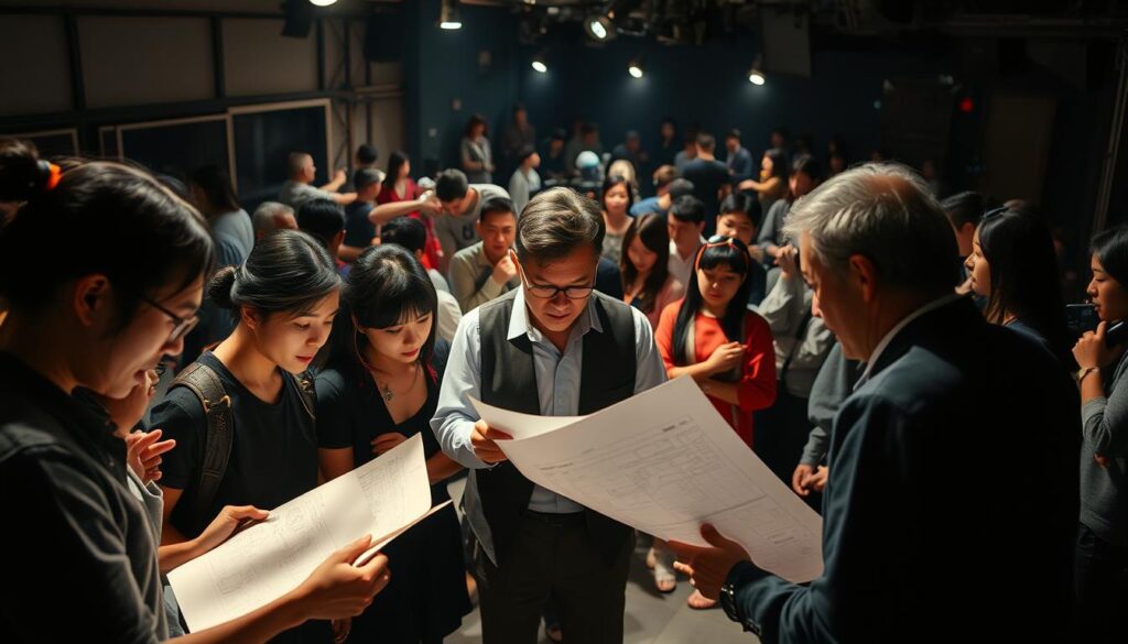 A bustling backstage scene, the heart of a theatrical production. In the foreground, a team of young, focused Japanese-looking assistants collaborate intently, poring over scripts and blueprints. Midground, a director reviews plans with the assistant director, their expressions intense as they discuss the finer details. In the background, a flurry of activity - stagehands adjust lighting, costume designers finalize outfits, and a sense of anticipation hangs in the air. Dramatic side lighting casts dramatic shadows, adding depth and drama to the carefully choreographed chaos. The mood is one of precise, focused energy as these skilled professionals work tirelessly to bring the show to life.