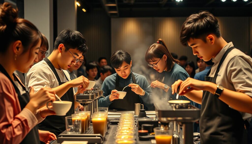 A bustling barista competition scene unfolds, showcasing a group of talented young Japanese baristas in a sleek, contemporary setting. Expertly crafting intricate latte art, they move with precision and grace, their focused expressions reflecting the intensity of the competition. Warm, directional lighting illuminates the scene, casting dramatic shadows and highlighting the vibrant hues of the coffee and equipment. The middle ground is filled with a crowd of spectators, their faces alight with excitement, while the background features a minimalist, industrial-inspired backdrop that frames the action. An atmosphere of fierce yet friendly rivalry permeates the space, as the baristas strive to showcase their exceptional skills and creativity.