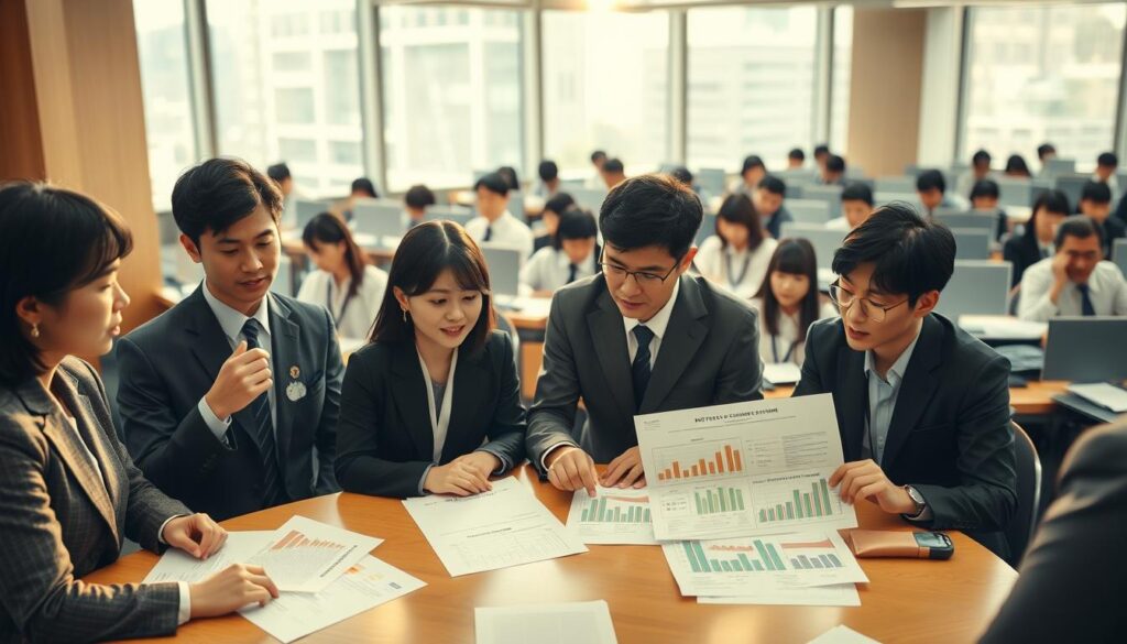 A bustling bureaucratic office, flooded with warm natural light from large windows. In the foreground, a group of young Japanese professionals in business attire, engaged in earnest discussions around a conference table. Their expressions convey a mix of focus and contemplation as they review documents and charts detailing the intricacies of government salary structures and employee benefits. The middle ground features rows of neatly organized desks, each occupied by a diligently working public servant, their faces reflecting the seriousness of their roles. The background is softly blurred, hinting at the broader context of the institution they serve. An atmosphere of quiet efficiency and meticulous attention to detail pervades the scene, capturing the essence of the bureaucratic experience.