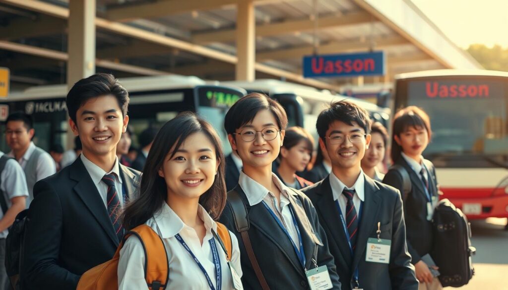 A bustling bus station, with a team of young, neatly dressed Japanese-looking tour guides standing in the foreground. They exude a professional and friendly demeanor, ready to assist passengers. The scene is bathed in warm, natural lighting, creating a welcoming atmosphere. In the background, a fleet of well-maintained tour buses awaits, hinting at the scale and efficiency of the operation. The camera angle is slightly elevated, providing a comprehensive view of the scene and highlighting the average annual income of these dedicated tour guides.