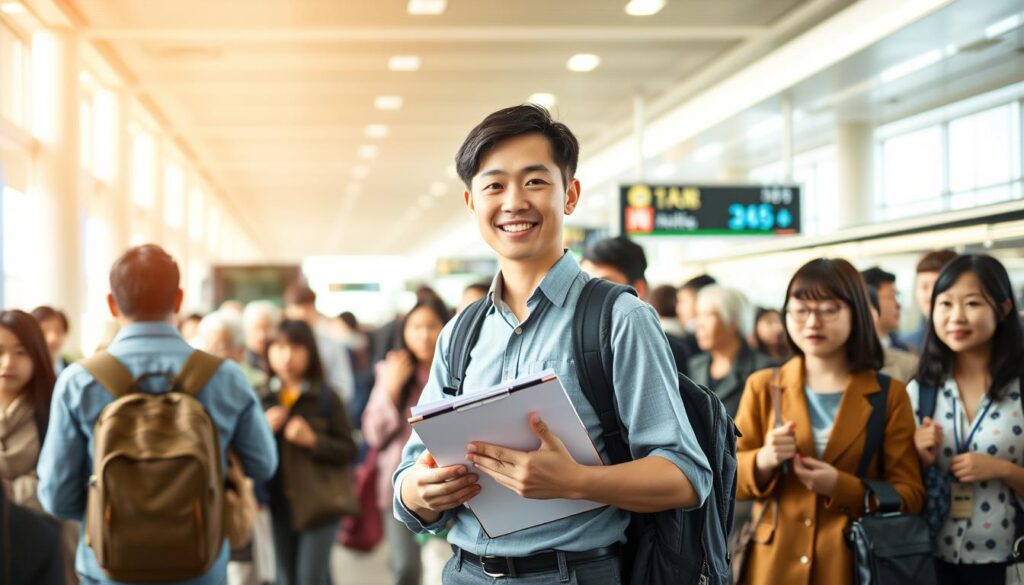 A bustling bus terminal, bright and modern, serves as the backdrop. In the foreground, a young, professional-looking Japanese tour guide stands with a welcoming smile, clipboard in hand, ready to greet and assist passengers. Surrounding the guide, a diverse group of passengers - families, seniors, and business travelers - queue patiently, their faces filled with anticipation. The scene is bathed in warm, natural lighting, creating a sense of efficiency and hospitality. The guide's posture and attentive expression convey a deep understanding of their role in ensuring a smooth and enjoyable journey for all. This image captures the seamless flow of a day in the life of a dedicated Japanese bus tour guide.