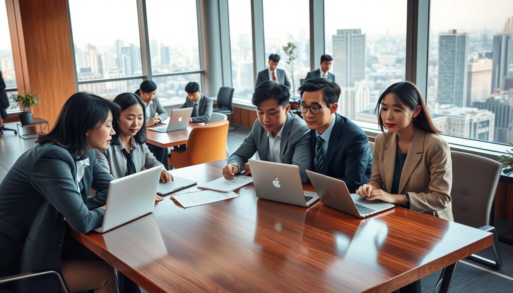A bustling business office, flooded with warm, natural light from large windows. In the foreground, a group of young, professional Japanese consultants discuss strategy over a polished wooden table, their faces earnest and focused. In the middle ground, others work intently on laptops, surrounded by tasteful decor and sleek, modern furniture. The background reveals a panoramic city skyline, hinting at the broader context of their consulting work. An atmosphere of productivity, collaboration, and ambition pervades the scene, capturing the essence of a consultant's career path.