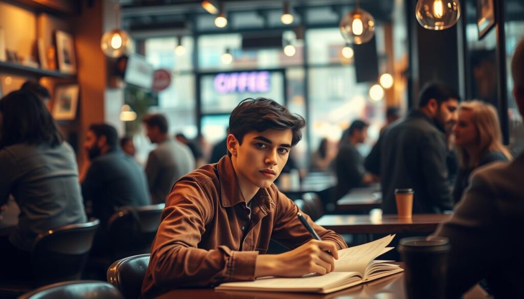 A bustling cafe scene, bathed in warm, soft lighting. At the center, a thoughtful-looking young journalist sits at a table, pen in hand, immersed in their notebook. Surrounding them, the vibrant energy of the cafe - the aroma of fresh coffee, the chatter of patrons, the occasional glint of a camera lens as they capture a fleeting moment. The journalist's expression conveys a sense of purpose and intellectual curiosity, reflecting the allure of the reportage profession. The scene evokes a mood of creative engagement, the thrill of uncovering stories and sharing them with the world.