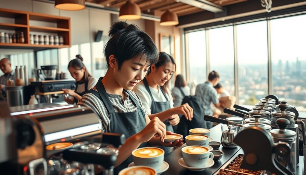 A bustling café scene, capturing the dynamic future of the barista profession. In the foreground, a group of young, Japanese-looking baristas expertly crafting intricate latte art, their faces alight with passion and focus. The middle ground features a modern, well-equipped coffee bar, with gleaming espresso machines and an array of fresh, fragrant beans. In the background, a panoramic view of a vibrant, cosmopolitan cityscape, hinting at the growing demand and diverse opportunities in the thriving coffee industry. Warm, natural lighting bathes the scene, creating a sense of energy and optimism, reflecting the promising outlook for the evolving role of the barista.