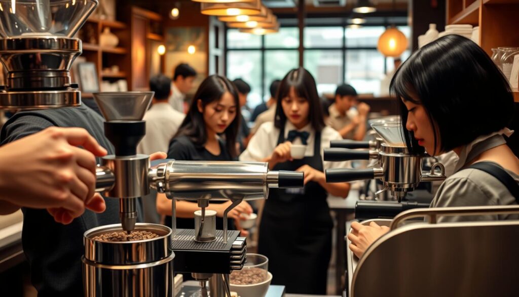 A bustling café, the barista's day unfolds with precision. In the foreground, a skilled hand grinds fresh beans, the aroma wafting through the air. The middle ground reveals a meticulous process of tamping, extracting, and pouring, each step choreographed with expertise. Surrounded by sleek, stainless-steel equipment, the barista's focused gaze reflects their dedication to crafting the perfect cup. In the background, the café's cozy ambiance sets the stage, with warm lighting and the chatter of patrons. Young, black-haired Japanese-looking models move with a sense of purpose, their expressions calm and professional, capturing the essence of the barista's craft.