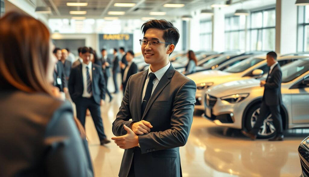 A bustling car dealership showroom, bathed in warm, diffused lighting. In the foreground, a young, sharp-dressed Japanese salesperson engages intently with a prospective customer, their expressions conveying a mix of enthusiasm and determination. Behind them, the latest models of gleaming automobiles line the floor, their reflections creating a sense of depth and sophistication. In the background, a team of salespeople moves with purpose, navigating the intricate dance of negotiation and closing deals. The atmosphere is one of dynamic energy, where the thrill of securing a sale is tempered by the challenges of building rapport, understanding customer needs, and navigating a complex sales process. This is the world of the car dealership, where passion, persistence, and problem-solving converge to create a rewarding, yet demanding, career.