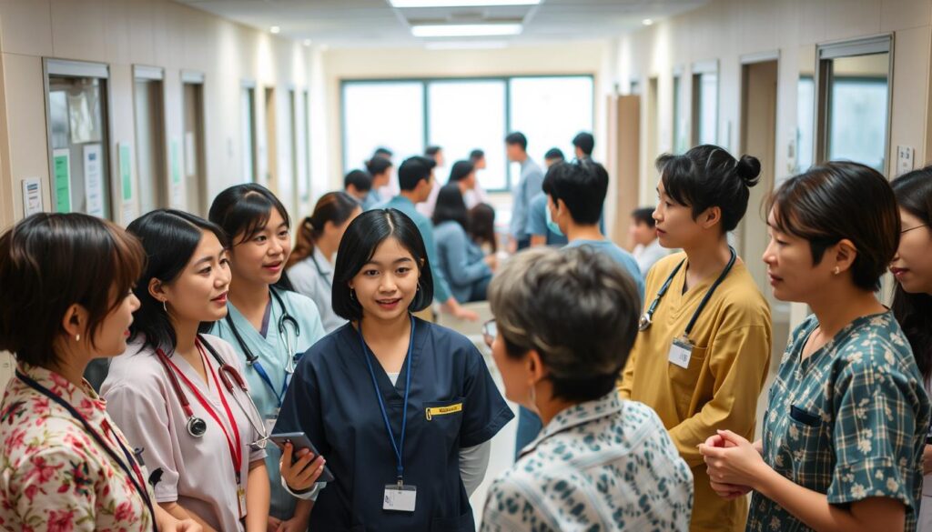 A bustling care facility, where a diverse team of young, Japanese-looking caregivers navigate the complexities of interpersonal dynamics. In the foreground, a group engages in a lively discussion, their expressions conveying a mix of camaraderie and tension. The middle ground reveals colleagues collaborating, their body language showcasing teamwork and mutual understanding. In the background, a serene atmosphere pervades, with soft lighting and a sense of professionalism. The scene captures the nuanced relationships and collaborative spirit that define the day-to-day of this challenging yet rewarding profession.