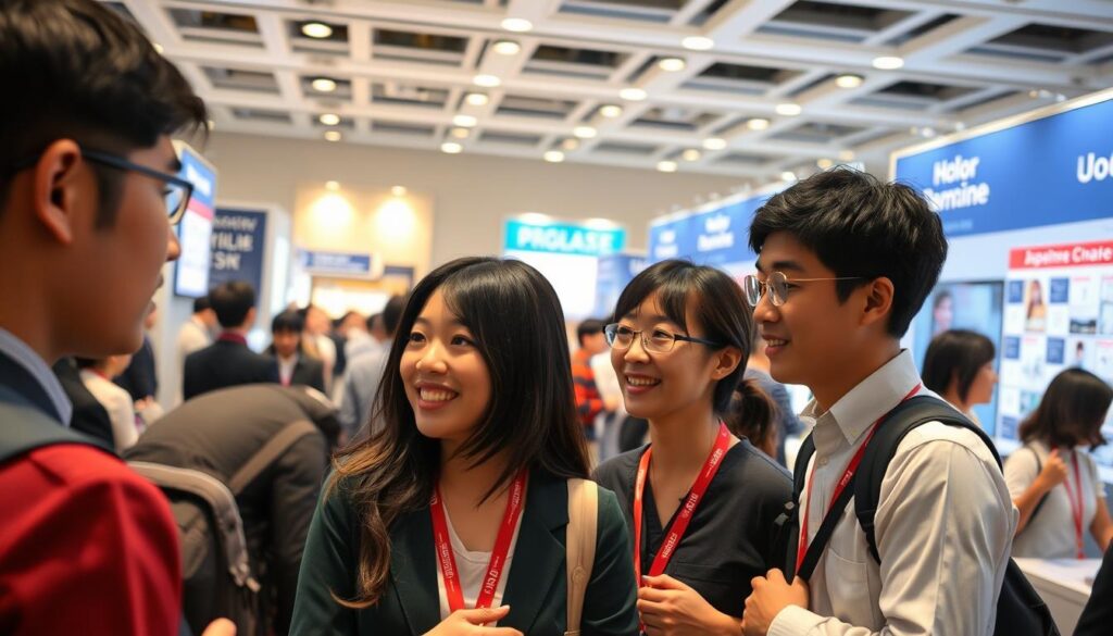 A bustling career fair showcasing the latest trends in the Japanese job market. In the foreground, a group of young, professional-looking Japanese men and women engage in animated discussions, their faces conveying a mix of determination and optimism. The middle ground features a backdrop of sleek, modern displays and informational booths, providing insights into the latest industry demands and emerging job opportunities. Soft, diffused lighting casts a warm, inviting glow over the scene, creating a sense of energy and opportunity. The overall atmosphere conveys the dynamic nature of the Japanese job market and the adaptability of its workforce.