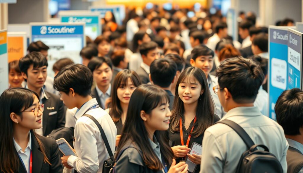 A bustling career fair with a diverse array of young, professional-looking Japanese models, dressed in business attire, actively engaging with representatives from various scout-based job recruitment websites. The scene is captured with a crisp, realistic photographic style, showcasing the vibrant energy and dynamic interactions between the attendees. Soft, warm lighting illuminates the middle ground, while the background blurs gently, directing the viewer's focus to the central figures. The overall atmosphere conveys a sense of opportunity, connectivity, and the promising possibilities of leveraging scout-type job search platforms.