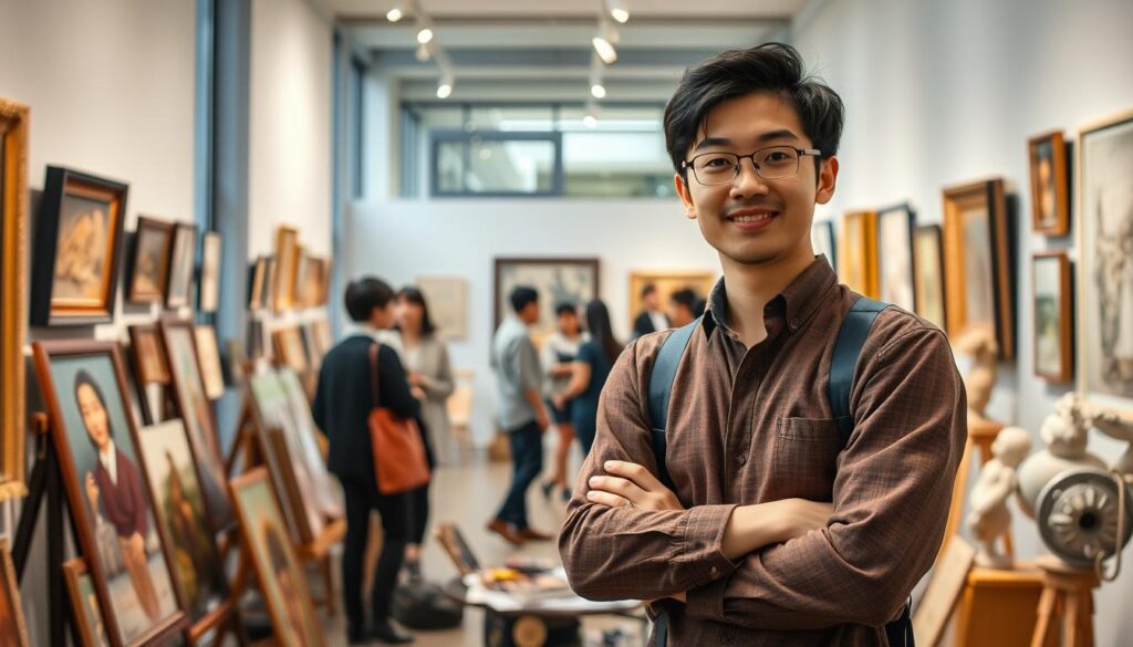 A bustling career path for a young Japanese curator, captured in a realistic photographic style. In the foreground, a confident curator stands amidst an array of artworks, meticulously curating a museum exhibition. The middle ground reveals a diverse team collaborating on the curation process, discussing and analyzing pieces. In the background, a modern gallery space with high ceilings and natural lighting, conveying the professional and dynamic environment in which curators thrive. The scene exudes a sense of passion, attention to detail, and the rewarding challenges of a curator's career.