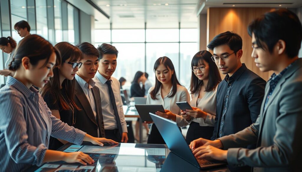 A bustling career path scene, featuring a diverse group of young, Japanese-looking professionals in a sleek, modern office setting. Soft, diffused lighting illuminates their faces, capturing their focused expressions as they collaborate on various tasks. The foreground showcases a team of four individuals gathered around a large, interactive display, their body language indicating an engaging discussion. In the middle ground, several other employees are seated at their desks, typing intently on their laptops. The background depicts a panoramic view of the cityscape through floor-to-ceiling windows, hinting at the broader context of their career endeavors. The overall atmosphere conveys a sense of ambition, teamwork, and the dynamic nature of the "Fellow" career path.