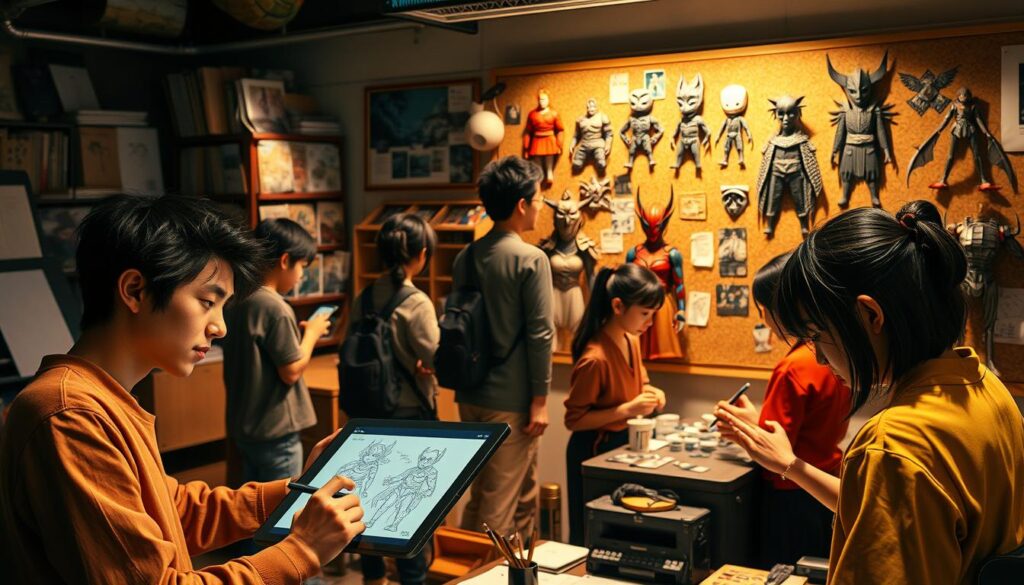 A bustling character design studio with young, Japanese-inspired artists intently focused on their craft. In the foreground, a designer sketches dynamic poses and facial expressions on a digital tablet, while others in the middle ground collaborate on color palettes and costume details. The background features an array of reference materials, 3D models, and inspirational artwork pinned to a cork board, illuminated by warm, directional lighting that casts dramatic shadows. An atmosphere of creative energy and concentration pervades the scene.