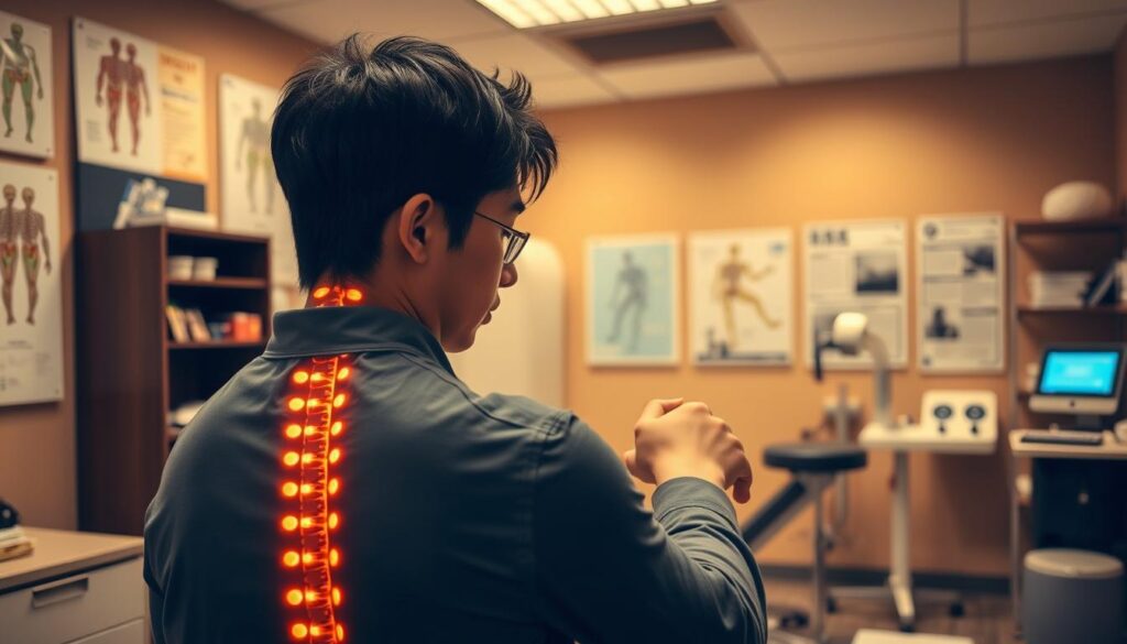 A bustling chiropractic clinic, bathed in warm lighting. In the foreground, a young Japanese-looking chiropractor deftly examines a patient's spine, their skilled hands tracing the contours with precision. In the middle ground, anatomical diagrams and charts adorn the walls, conveying the depth of the practitioner's specialized knowledge. The background reveals a well-equipped treatment room, with state-of-the-art equipment and tools, reflecting the advanced techniques and technologies employed. The scene exudes a sense of professionalism, dedication, and a commitment to holistic patient care, capturing the essence of the chiropractor's essential expertise and abilities.