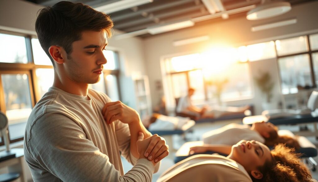 A bustling chiropractic clinic, bathed in warm natural light filtering through large windows. In the foreground, a young, attentive chiropractor, their skilled hands gently manipulating a patient's spine, their focused expression conveying a deep understanding of the human body. In the middle ground, other patients recline on treatment tables, their faces reflecting a sense of relief and well-being. The background reveals a modern, meticulously organized workspace, with state-of-the-art equipment and soothing decor that promotes a calming atmosphere. The overall scene conveys the expertise, compassion, and professionalism of the chiropractic profession, capturing the essence of its rewarding work and the potential for a stable, well-compensated career.