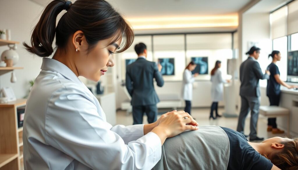 A bustling chiropractic clinic with a calm, professional atmosphere. In the foreground, a young Japanese practitioner meticulously examines a patient's spine, their hands moving with precision as they perform a thorough assessment. The middle ground showcases the clinic's clean, modern interior, with state-of-the-art equipment and soothing decor that puts patients at ease. In the background, other practitioners move through the space, engaging in various aspects of the treatment process, from taking x-rays to guiding patients through therapeutic exercises. Soft, natural lighting fills the room, creating a serene and rejuvenating ambiance that reflects the clinic's holistic approach to healthcare.