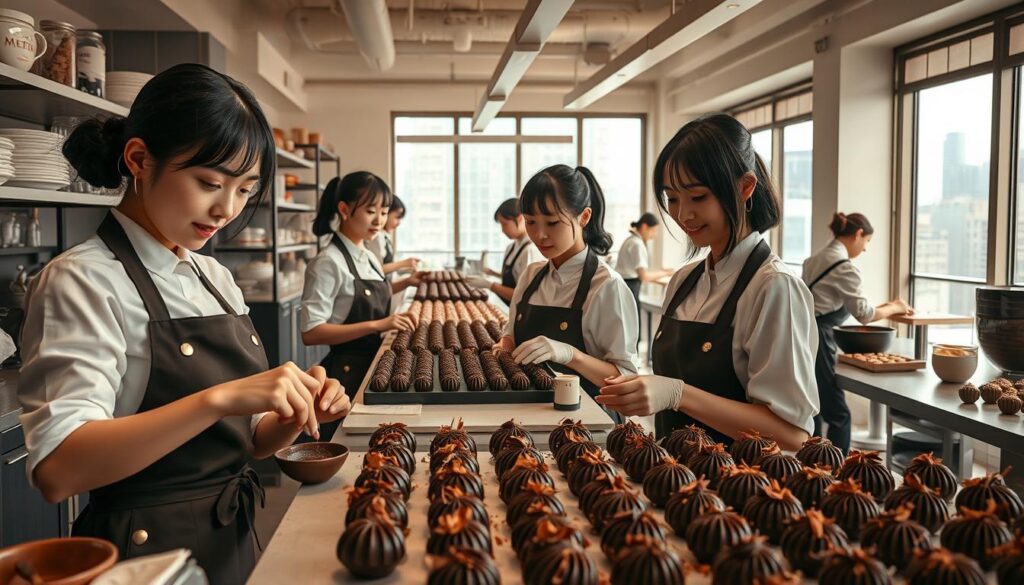 A bustling chocolate atelier, where young, Japanese-looking models in crisp uniforms craft exquisite confections. Soft lighting casts a warm glow, highlighting the intricate piping and delicate chocolate shavings adorning each decadent treat. In the foreground, a model carefully tempers molten chocolate, her movements precise and graceful. In the middle ground, others package the finished chocolates, their expressions focused yet content. The background reveals an array of baking tools, shelves brimming with ingredients, and large windows offering a glimpse of the city beyond, signifying the diverse opportunities available to skilled chocolatiers.