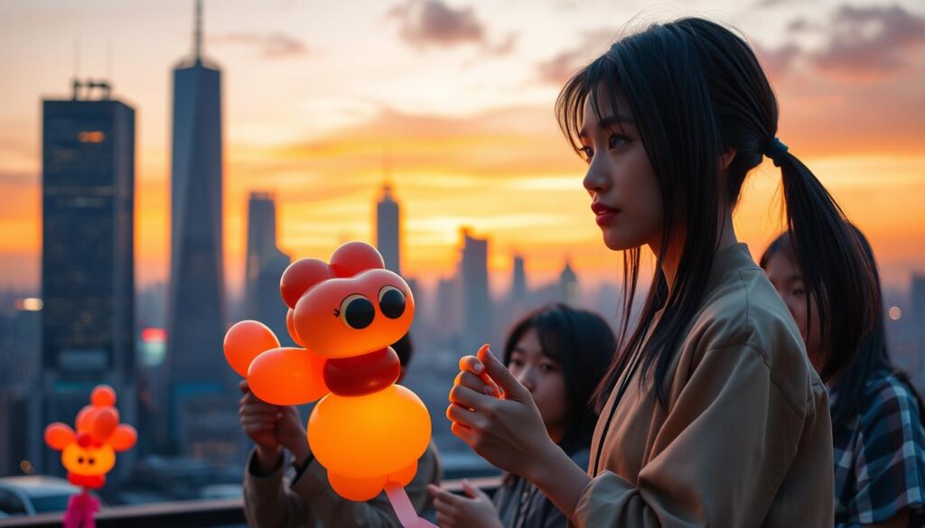A bustling city skyline at dusk, bathed in warm hues of gold and amber. In the foreground, a group of young, talented balloon artists, their nimble fingers deftly shaping whimsical creations. The figures have a distinct Japanese aesthetic, with sleek, black hair and delicate, expressive features. They are focused, their faces lit by the glow of their work, as they bring to life vibrant, awe-inspiring balloon sculptures that defy gravity. The scene conveys a sense of boundless creativity, innovation, and a promising future for this unique art form, set against the backdrop of a dynamic, technologically-advanced cityscape.