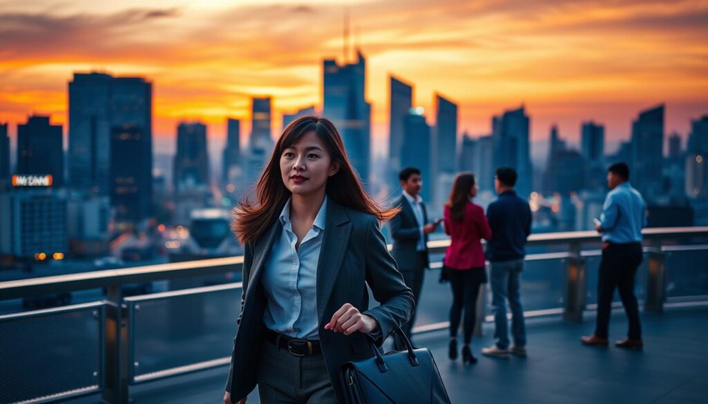 A bustling city skyline at dusk, silhouetted against an orange and purple sky. In the foreground, a young Japanese woman, dressed professionally, strides confidently down a busy sidewalk, her briefcase in hand. Behind her, a group of colleagues, also young and dynamic, discuss ideas animatedly. In the middle ground, an office building comes into focus, its glass facade reflecting the sunset. The scene conveys a sense of ambition, purpose, and the boundless potential of a career as a ルポライター. Crisp, realistic lighting illuminates the figures, with a shallow depth of field that keeps the focus on the central subject. The overall atmosphere is one of optimism and opportunity.