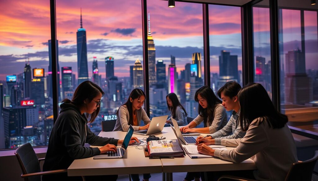 A bustling city skyline at dusk, with towering skyscrapers and neon-lit billboards against a vibrant orange and purple sky. In the foreground, a group of young, dynamic Japanese writers collaborate in a modern co-working space, their laptops and notepads spread out on sleek, minimalist desks. The lighting is warm and ambient, creating a sense of focused creativity and anticipation for the future of the screenwriting industry. Through large windows, we glimpse the dynamic urban landscape, hinting at the endless possibilities and evolving trends that these aspiring storytellers will shape in the years to come.