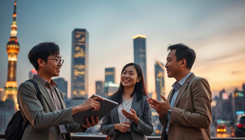 A bustling city skyline at dusk, with towering skyscrapers and the glow of neon lights. In the foreground, three young, professional-looking Japanese individuals stand, engaged in animated discussion. One person points to a digital tablet, while the others nod thoughtfully, their faces lit by the warm, soft light of the setting sun. The scene conveys a sense of opportunity, collaboration, and the dynamic career paths available to editorial designers in this thriving urban environment.