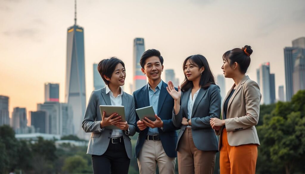 A bustling city skyline at twilight, with towering skyscrapers and a tranquil park in the foreground. Three young, ambitious Japanese-looking professionals stand in the middle ground, engaged in a thoughtful discussion. One holds a tablet, another gestures animatedly, and the third listens intently, conveying the diverse career paths and growth opportunities available to public policy consultants. Soft, warm lighting illuminates their faces, creating a sense of optimism and possibility. The scene exudes a professional, yet approachable atmosphere, reflecting the dynamic nature of this thriving industry.