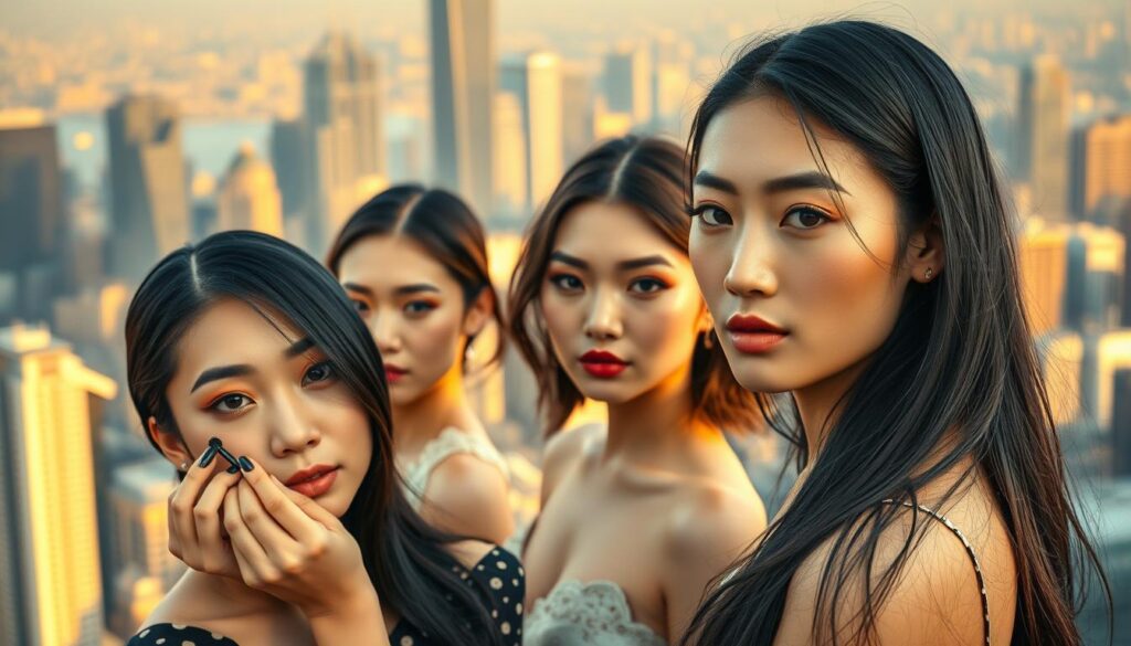 A bustling city skyline, bathed in warm golden light, sets the stage for a trio of young, Japanese-inspired models showcasing their makeup artistry skills. In the foreground, a model with sleek, raven-black hair applies a delicate yet striking eye makeup look, her features accentuated by precise contouring and a luminous complexion. In the middle ground, another model strikes a confident pose, her bold lip color and meticulously blended eyeshadow creating a captivating visual harmony. Finally, in the background, the third model's flawless skin and subtly-defined features demonstrate the versatility of the makeup artistry craft. The scene is captured with a cinematic, wide-angle lens, conveying a sense of depth and grandeur befitting the aspirational career path of a makeup artist.