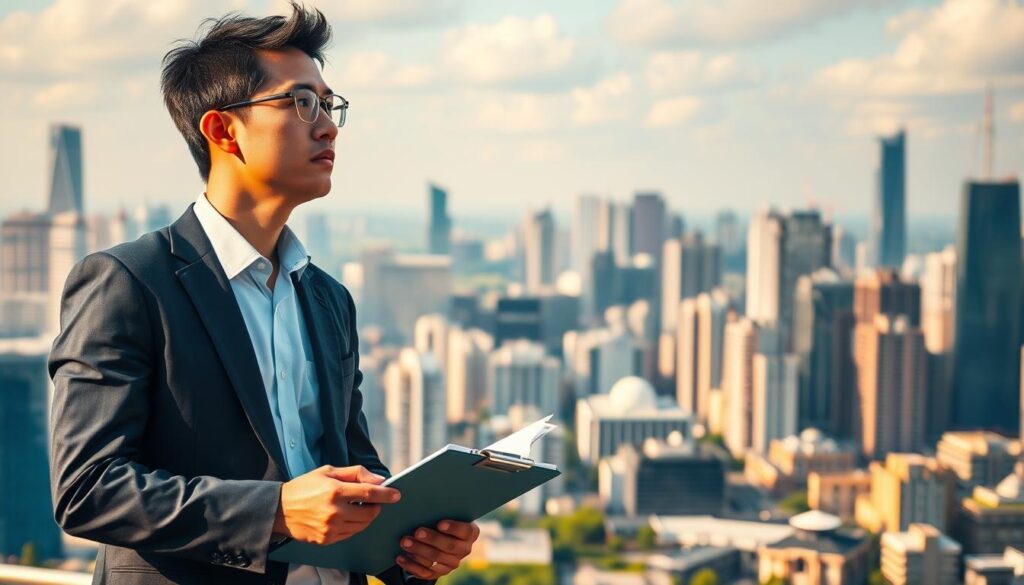 A bustling city skyline in the background, with skyscrapers and a vibrant urban landscape. In the foreground, a young, professional-looking Japanese man in a suit stands confidently, holding a clipboard and gazing intently at the cityscape before him. His expression conveys a sense of determination and vision, as he contemplates the next steps in his environmental consulting career. The lighting is warm and natural, casting a golden glow on the scene. The composition is balanced, with the man occupying the central focus, surrounded by the dynamic urban environment that serves as the backdrop for his aspirations. The overall mood is one of optimism, potential, and a commitment to positively shaping the future of the city and its environment.