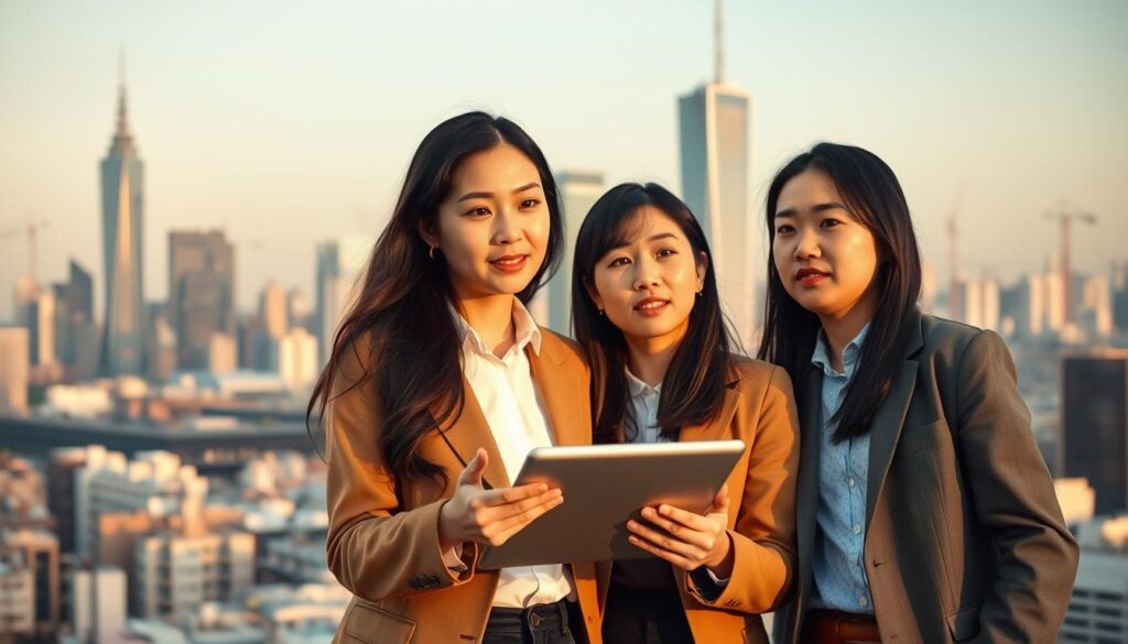 A bustling city skyline serves as the backdrop, with towering high-rises and cranes dotting the horizon. In the foreground, three young professionals, their features distinctly Japanese, stand together in thoughtful discussion. One holds a tablet, gesturing animatedly, while the others listen intently, their expressions conveying a sense of exploration and determination. The scene is illuminated by soft, natural lighting, casting warm hues across their faces and the urban landscape. This image captures the essence of an environmental consultant embarking on a career change, navigating the path to a new professional chapter amidst the dynamic cityscape.