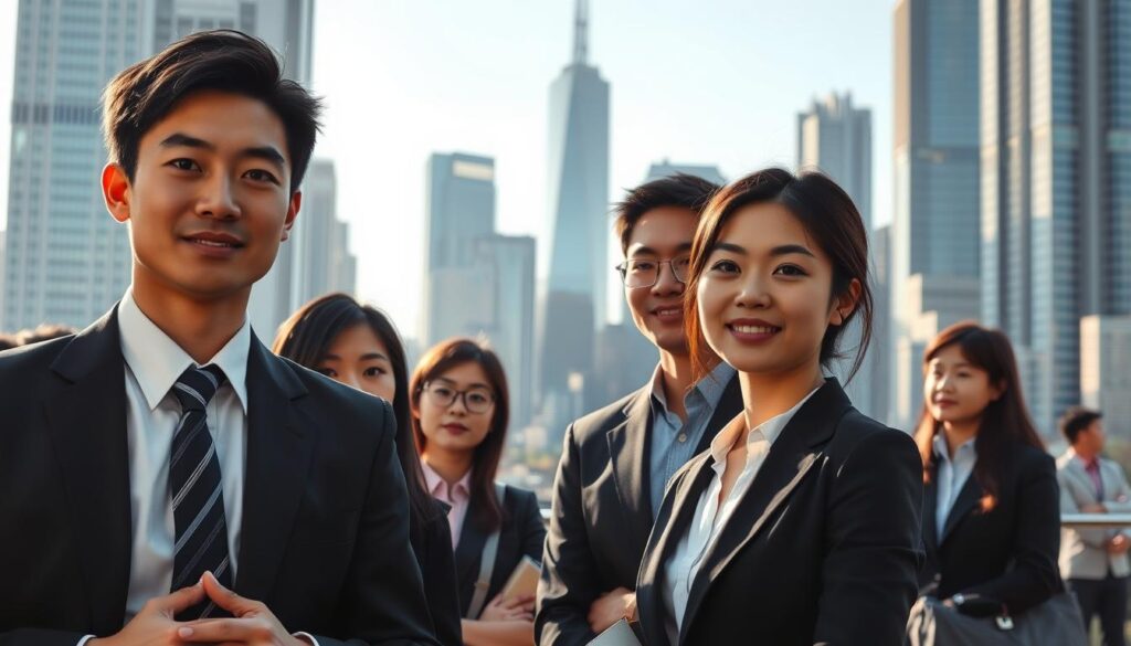 A bustling city skyline sets the stage, its towering skyscrapers casting long shadows across the urban landscape. In the foreground, a group of young, professional-looking Japanese individuals stand confidently, their expressions conveying determination and focus. They are dressed in formal business attire, suggesting they are attending a job fair or networking event. The lighting is natural, with a soft, warm glow illuminating their faces, creating a sense of optimism and opportunity. The scene is captured from a slightly elevated angle, allowing the viewer to take in the full scope of the city and the individuals' interactions. The overall mood is one of ambition, progress, and the pursuit of a career in urban planning consulting.