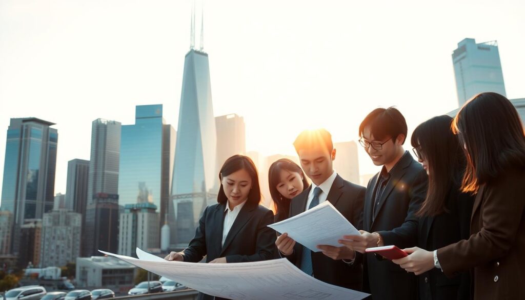 A bustling city skyline with towering skyscrapers in the background, reflecting the sun's warm glow. In the foreground, a group of young, professionally dressed Japanese individuals examining blueprints and documents, deep in discussion. They represent the diverse career paths of urban redevelopment planners - architects, engineers, city planners, and policy analysts, each contributing their expertise to shaping the future of the cityscape. The scene is captured through a wide-angle lens, conveying a sense of dynamism and the collaborative nature of their work. The lighting is natural and soft, casting subtle shadows that add depth and dimension to the image, highlighting the focus on the central figures and their important role in the redevelopment process.