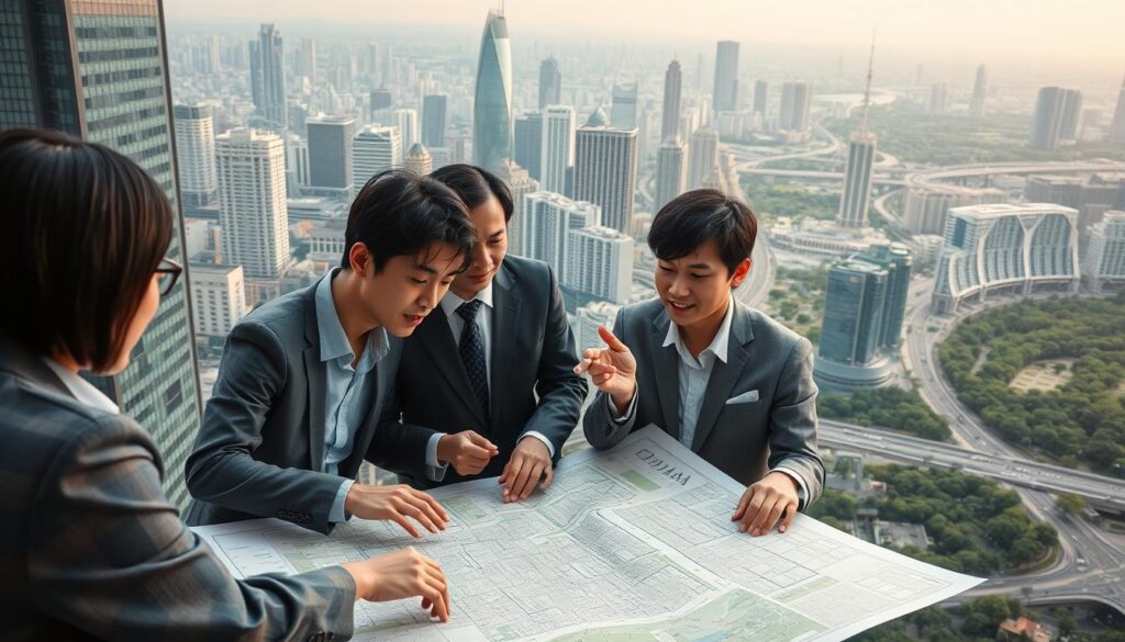 A bustling city skyline with towering skyscrapers, intricate roadways, and verdant parks. In the foreground, a team of young, Japanese-looking urban planners pore over a large city map, gesturing animatedly as they discuss the intricacies of the urban development process. The planners are dressed in professional attire, their expressions focused and determined. Soft, directional lighting illuminates the scene, casting subtle shadows and highlighting the details of the architecture and the planners' features. The overall atmosphere conveys a sense of diligent collaboration and forward-thinking vision as they work to craft the city's comprehensive master plan.