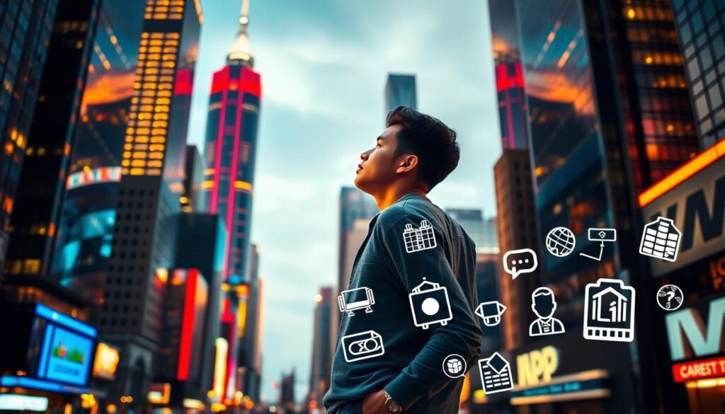 A bustling city skyline with vibrant neon lights, a young person in casual attire stands at the center, gazing up at the towering skyscrapers with a determined expression. The scene is bathed in a warm, golden glow, reflecting their sense of ambition and possibility. In the foreground, various career-related icons and symbols hover, hinting at the individual's aspirations to transition into a new profession. The overall atmosphere conveys a mood of optimism and the pursuit of a meaningful, fulfilling career change.