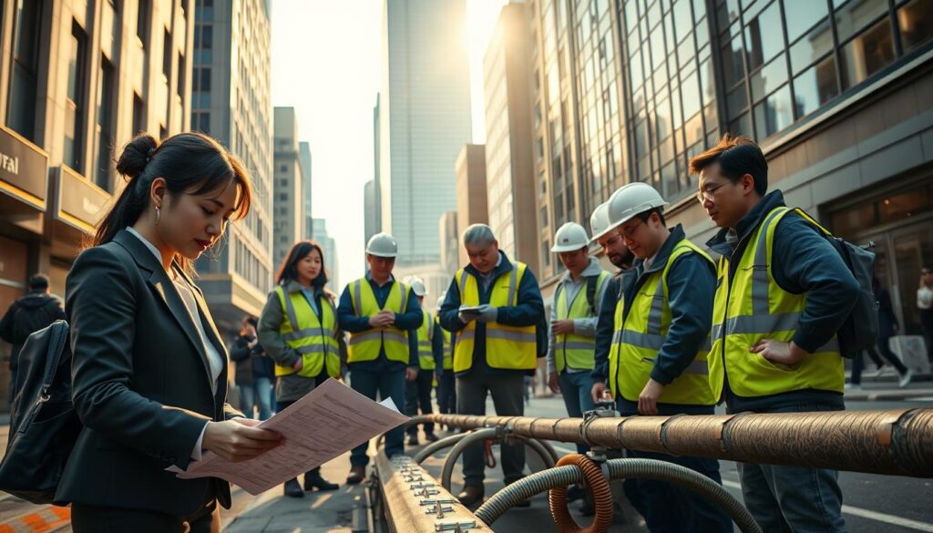 A bustling city street, with a group of young, professional-looking Japanese individuals engaged in a lively discussion. In the foreground, a woman in a business suit examines blueprints, while her colleagues gather around a laptop, analyzing data. In the middle ground, a team of workers in hard hats and reflective vests inspect a section of underground piping, their expressions focused and serious. In the background, a towering skyscraper casts a long shadow, suggesting the urban setting. The scene is lit by a warm, golden hue, creating a sense of efficiency and industry. The overall atmosphere conveys the technical expertise and problem-solving nature of the water and sewage consulting profession.
