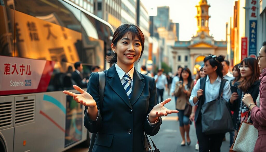 A bustling city street, with a modern tour bus parked on the curb. In the foreground, a young, polite Japanese woman in a smart uniform guides a group of sightseers, gesturing animatedly as she describes the local landmarks. The mid-ground features a mix of pedestrians, cars, and the bustling urban environment. The background showcases the iconic architecture of the city, bathed in warm, golden sunlight. The scene conveys a sense of professionalism, hospitality, and the vibrant energy of the tour guide's work. The models have realistic, youthful Japanese features and natural, lifelike expressions.