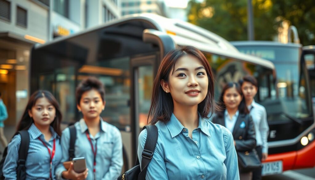 A bustling city street, with a sleek and modern bus waiting at a stop. A group of young, professional-looking Japanese individuals stand nearby, their faces expressing a mix of excitement and anticipation. One individual, a woman in her mid-20s, stands at the forefront, her gaze directed towards the bus, suggesting a sense of leadership and guidance. The lighting is natural and warm, casting a soft glow across the scene. The composition emphasizes the bus and the group, with the background blurred to maintain focus on the central elements. The overall atmosphere conveys a sense of progress and opportunity, capturing the essence of a growing career path in the bus guiding industry.